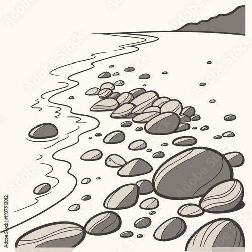A serene beach scene with large rocks and pebbles leading to the water. Vector