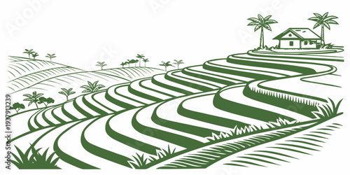 A serene landscape of rolling hills covered in lush green grass and trees Vector