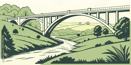 A picturesque view of a green valley with a bridge spanning a river Vector
