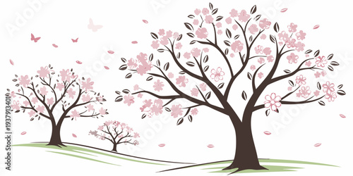 A serene park scene with blooming cherry blossom trees and a person walking a dog. Vector