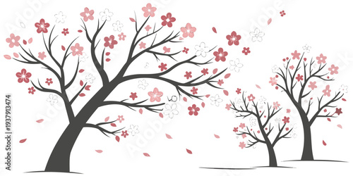 Trees with pink blossoms in a serene landscape setting. Vector