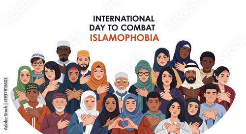 Illustration of diverse people with hands in a symbol of unity and solidarity on International Day to Combat Islamophobia with a call for religious tolerance and anti-discrimination