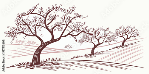 A serene landscape featuring a lone tree standing tall amidst a field of grass. Vector