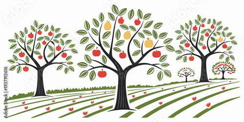 A serene landscape featuring a row of trees with vibrant autumn foliage Vector