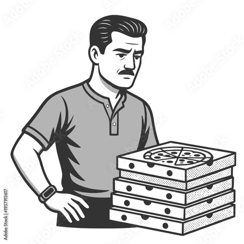 frustrated man staring at multiple pizza boxes sketch engraving generative ai fictional character vector illustration. Scratch board imitation. Black and white image.