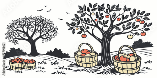 A serene countryside scene with trees, a house, and a winding road. Vector