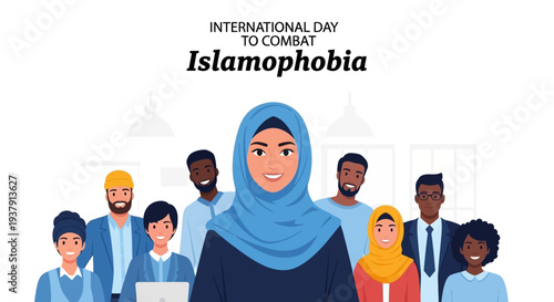 Illustration of a diverse group of people standing together in unity, promoting religious tolerance and awareness on the International Day to Combat Islamophobia with a flat design style