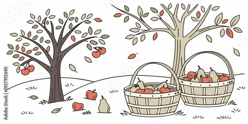 A vibrant autumn scene with trees shedding leaves and a cozy picnic setup. Vector