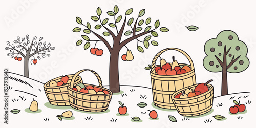 Children playing in a park with a tree, picnic basket, and outdoor activities Vector