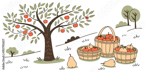 A vibrant autumn scene with a tree, pumpkins, and fall decorations. Vector
