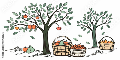 A serene autumn scene with a family of squirrels gathering nuts near a cozy log cabin. Vector