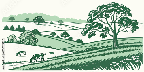 A serene countryside landscape with rolling hills and a small village nestled among trees. Vector