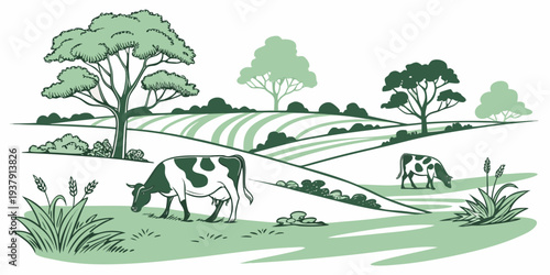 A serene pastoral scene with horses grazing in a lush green field surrounded by trees Vector