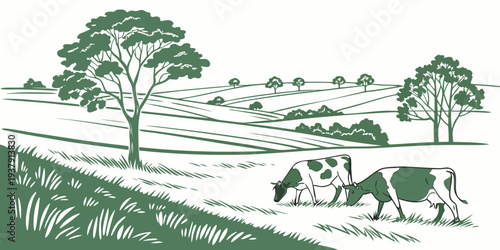 A serene countryside scene with horses grazing on a lush green field Vector