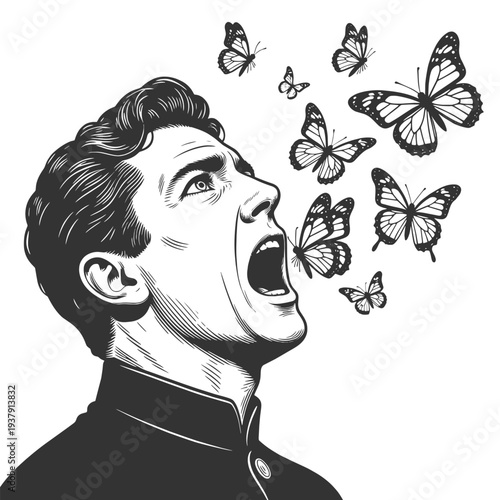 man shouting or breathing out butterflies, symbolizing freedom, imagination, transformation, and emotional release sketch engraving generative ai vector illustration. Scratch board. Black and white.