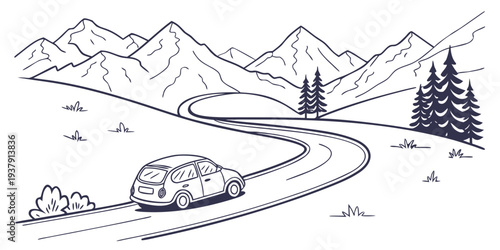 A winding road through a serene mountain landscape with trees and a small cabin Vector