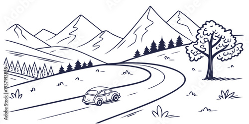 A scenic winter landscape with a winding road, trees, and mountains in the background Vector