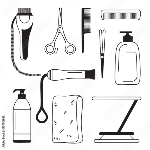 Black and white line of hairdressing tools and equipment hairdresser equipment hair dryer