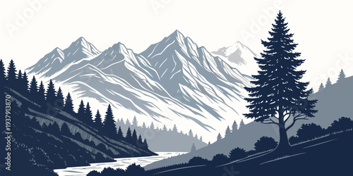 Majestic mountain landscape with a prominent tree in the foreground, showcasing nature's grandeur Vector