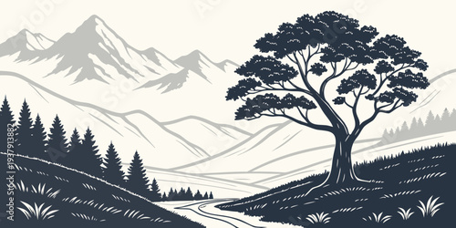 A majestic tree stands tall on a hill overlooking a serene mountain landscape Vector