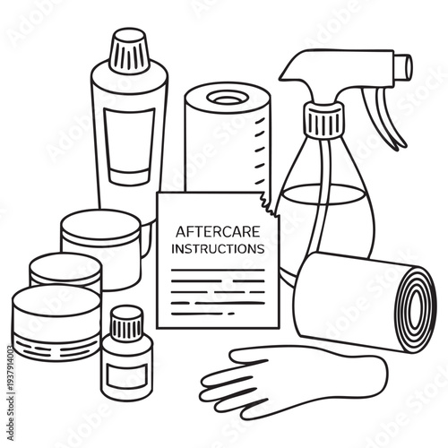 Black and white of aftercare products and instructions spray bottle hand