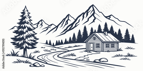 A serene winter landscape with a cozy cabin nestled among tall pine trees and snow-covered mountains. Vector