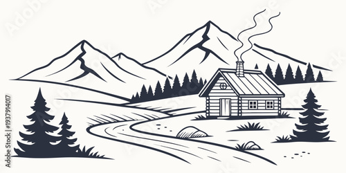 A picturesque winter landscape with a cozy cabin nestled among snow-covered trees Vector