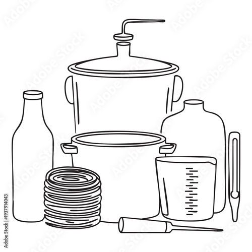 Black and white of brewing equipment including bottles, thermometer, and measuring cup