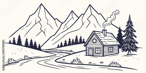 A serene mountain landscape with a cozy cabin nestled in the woods Vector