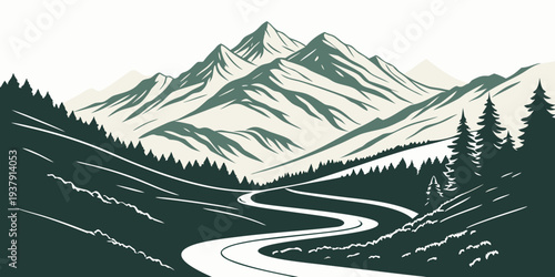 Majestic mountain range with a serene river flowing through the valley below Vector