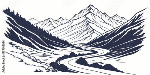 Majestic mountain peaks reflected in a serene, rippling lake Vector