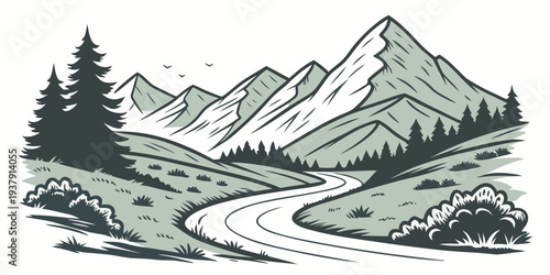 Majestic mountain landscape with winding river and lush greenery Vector