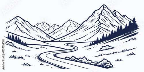 A serene mountain landscape with a winding river and majestic peaks. Vector