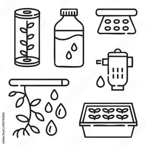 Black and white of hydroponic gardening equipment and plants hydroponics water droplets