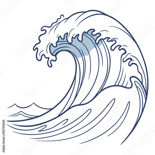 A powerful wave crashing against a rocky shore in the ocean. Vector