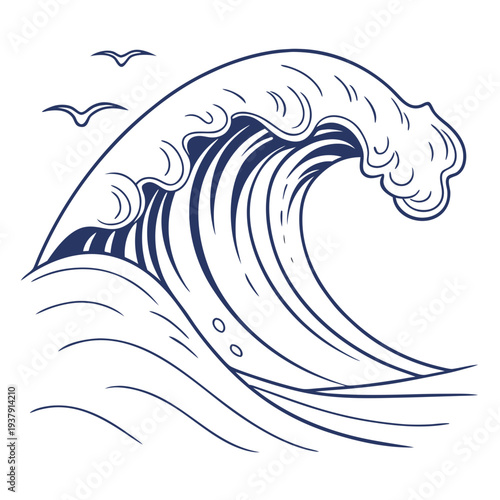 A powerful wave crashing against the shore with a seagull flying overhead Vector