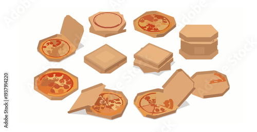 Pizza delivery cardboard box set with open and closed packaging vector illustration isolated on white