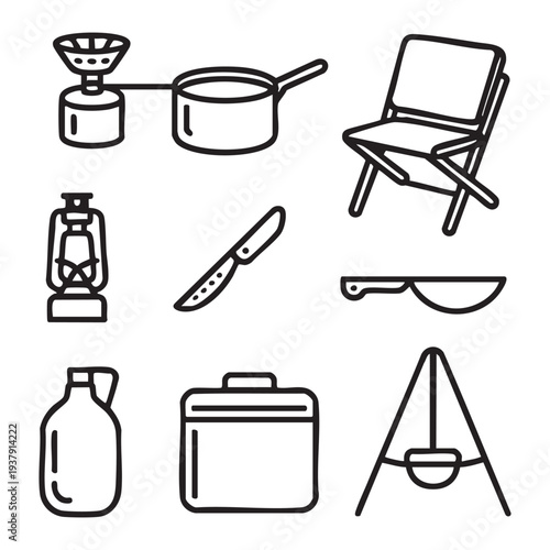 Camping equipment set including cooking pot lantern knife bottle cooler and tent