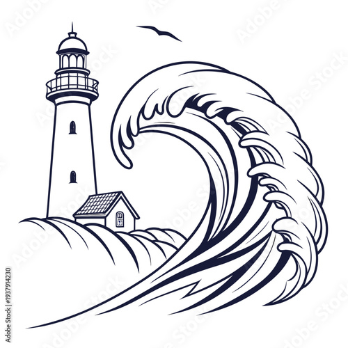 A dramatic wave crashing against a sturdy lighthouse on a rocky shore Vector