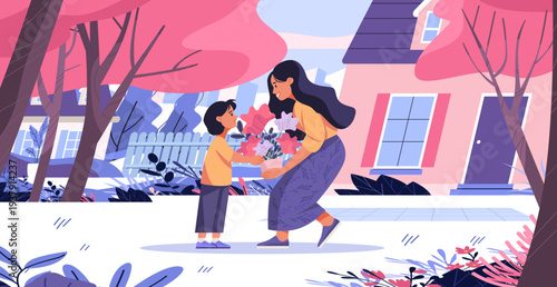 Mother's Day child giving flowers to mom outdoor garden scene house pink trees colorful landscape website banner