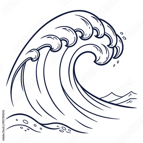 A powerful wave crashing against the shore in a dramatic ocean scene Vector