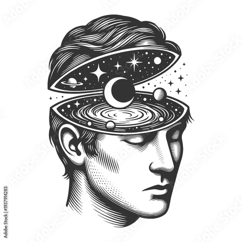 open human head revealing planets, stars, and galaxies, imagination, consciousness, creativity, and the universe of the mind sketch engraving generative ai vector illustration. Black and white image.