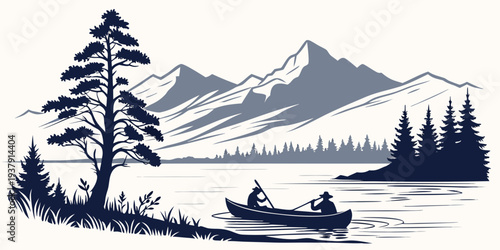 A serene landscape with a canoe on a calm lake surrounded by trees and mountains Vector