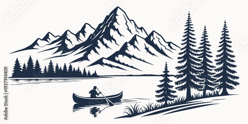 A serene mountain landscape with a small airplane flying over a forest Vector