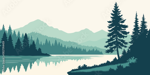 A serene landscape featuring a calm lake surrounded by lush green trees and majestic mountains Vector