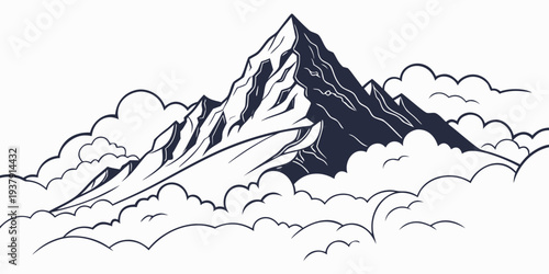 Majestic mountain peak rising above the clouds in a serene landscape. Vector