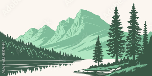 Majestic mountains tower over a serene forest landscape with a calm lake Vector