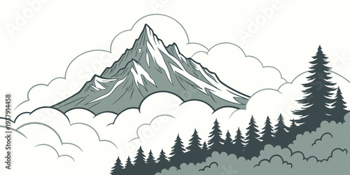 Majestic mountain peak rising above a sea of fluffy clouds with trees at the base. Vector