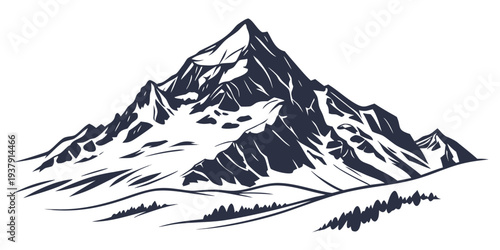Majestic mountain peak with snow-covered slopes and rocky ridges Vector