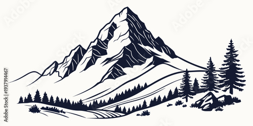 Majestic mountain landscape with snow-covered peaks and dense forest at the base Vector